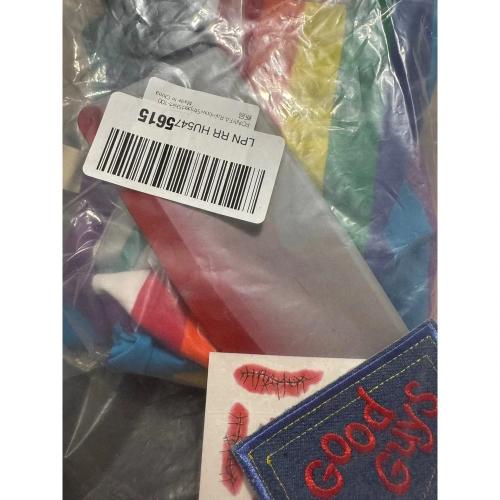 DIY Chucky Costume Set Kids 100cm 3T/4T Rainbow Striped Shirt Patch Tattoos B2